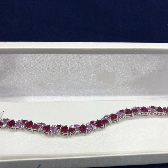 Sterling Silver Ruby, Pink & White Sapphire CLUSTER HEART BRACELET  MSRP $375 - Picture 1 of 11